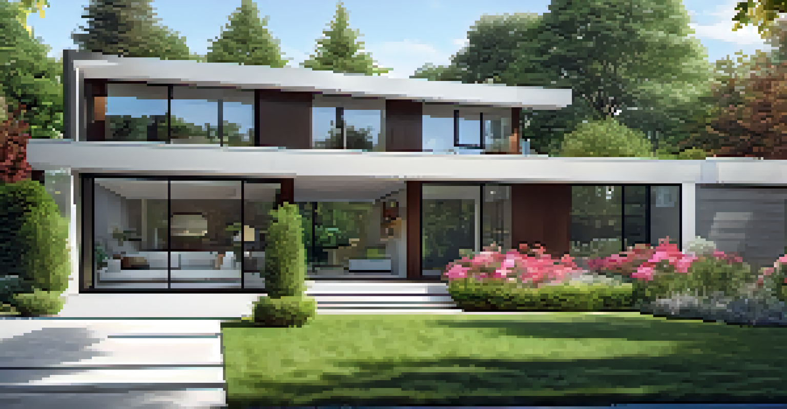 A modern home with energy-efficient windows, surrounded by a vibrant garden, showcasing sunlight reflecting off the windows.