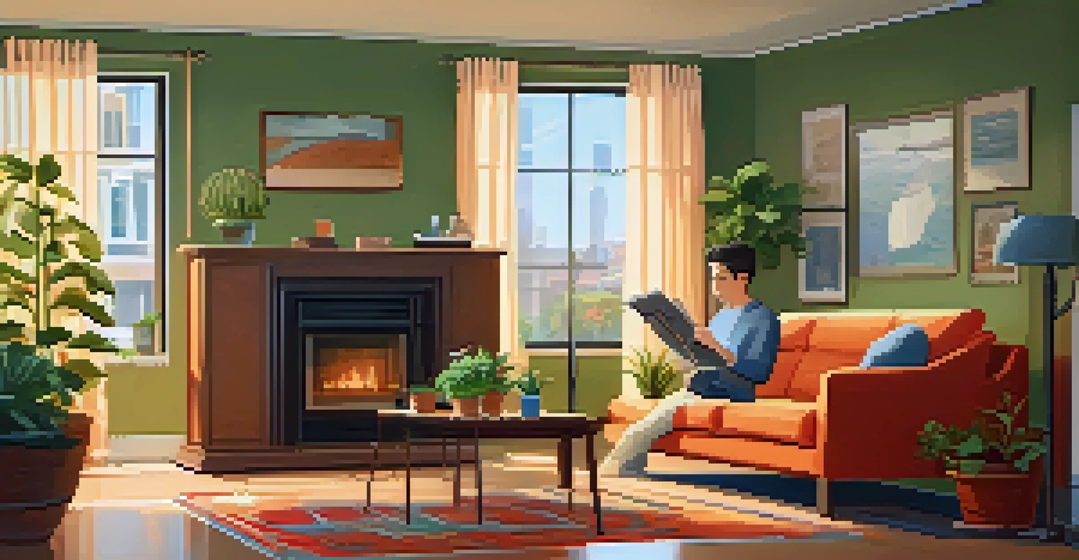 A technician servicing an HVAC system in a cozy living room filled with warm colors and plants.