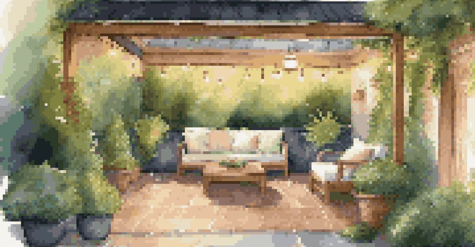 An inviting outdoor patio with comfortable seating, surrounded by greenery and fairy lights, creating a cozy evening ambiance.