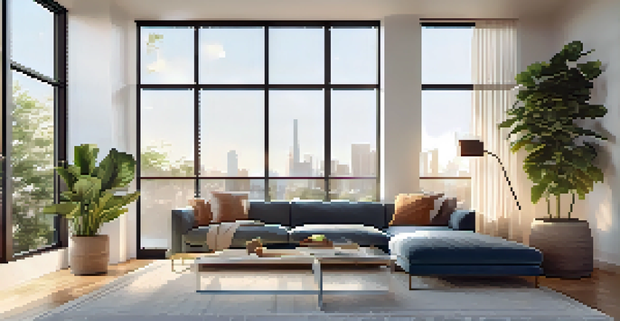 A bright living room featuring a modern HVAC system, stylish furniture, and sunlight streaming through large windows.