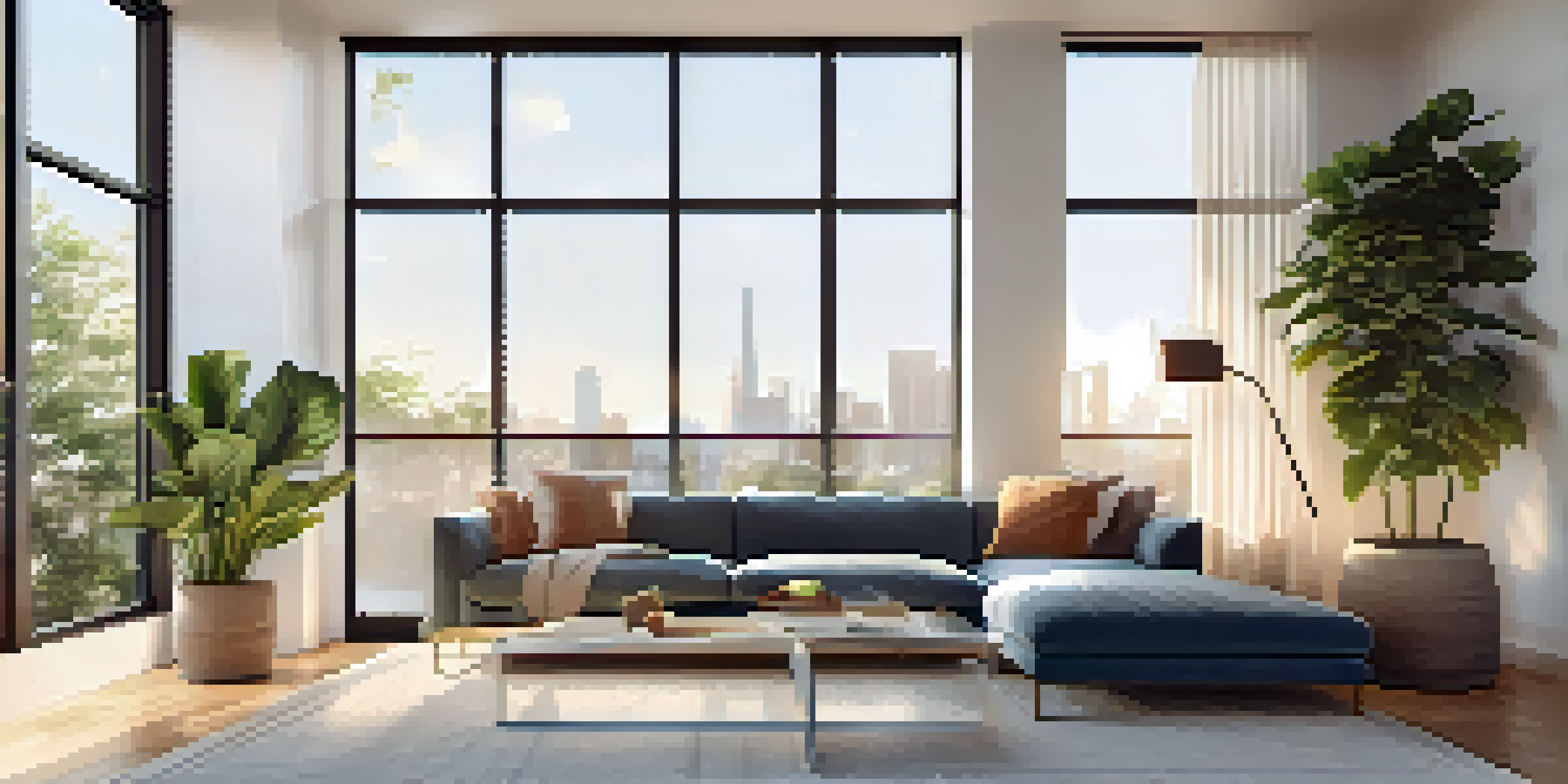 A bright living room featuring a modern HVAC system, stylish furniture, and sunlight streaming through large windows.