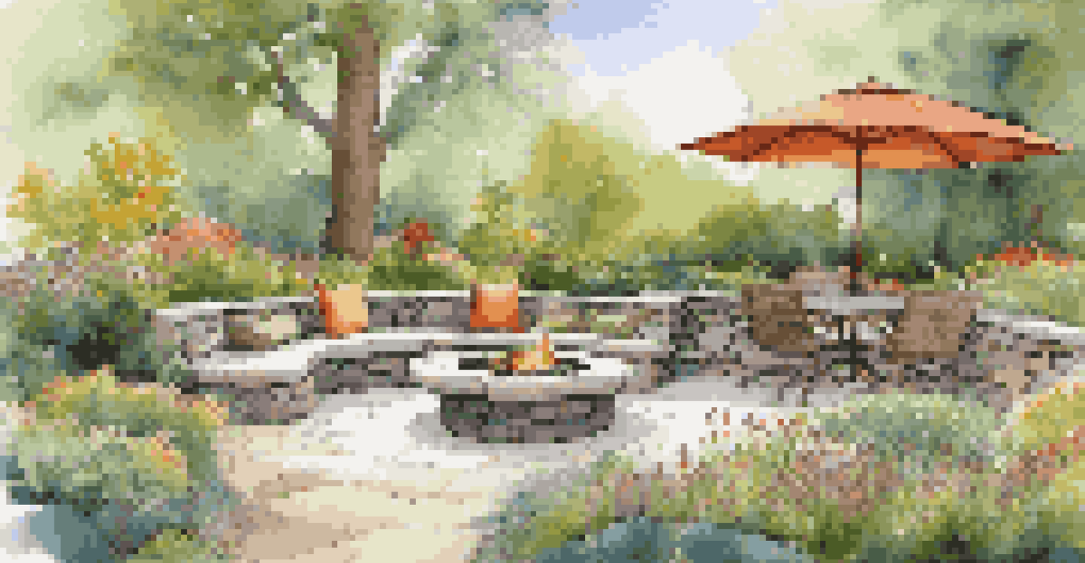A cozy outdoor space with seating around a fire pit, surrounded by wildflowers and stone pathways, with peaceful water features and dappled sunlight.