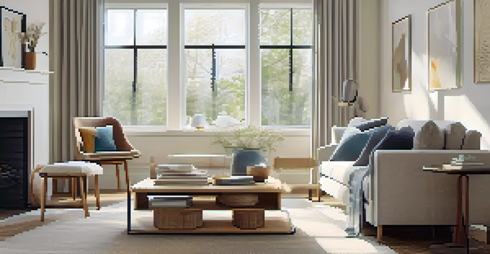 A bright and organized living room with natural light, modern furniture, and a cozy atmosphere.