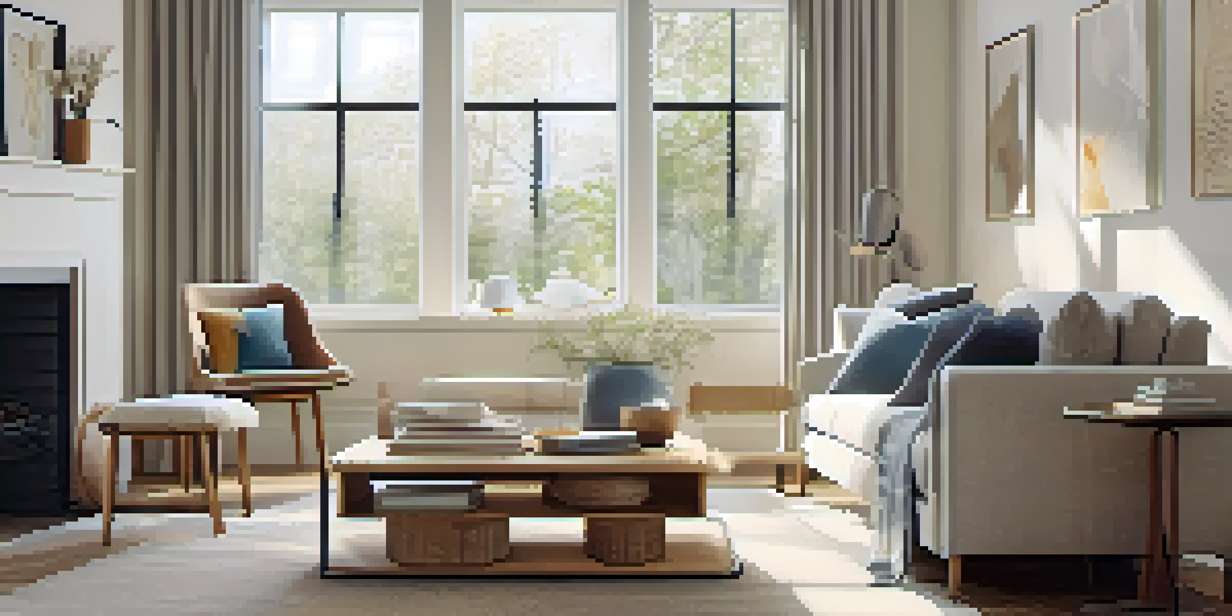 A bright and organized living room with natural light, modern furniture, and a cozy atmosphere.