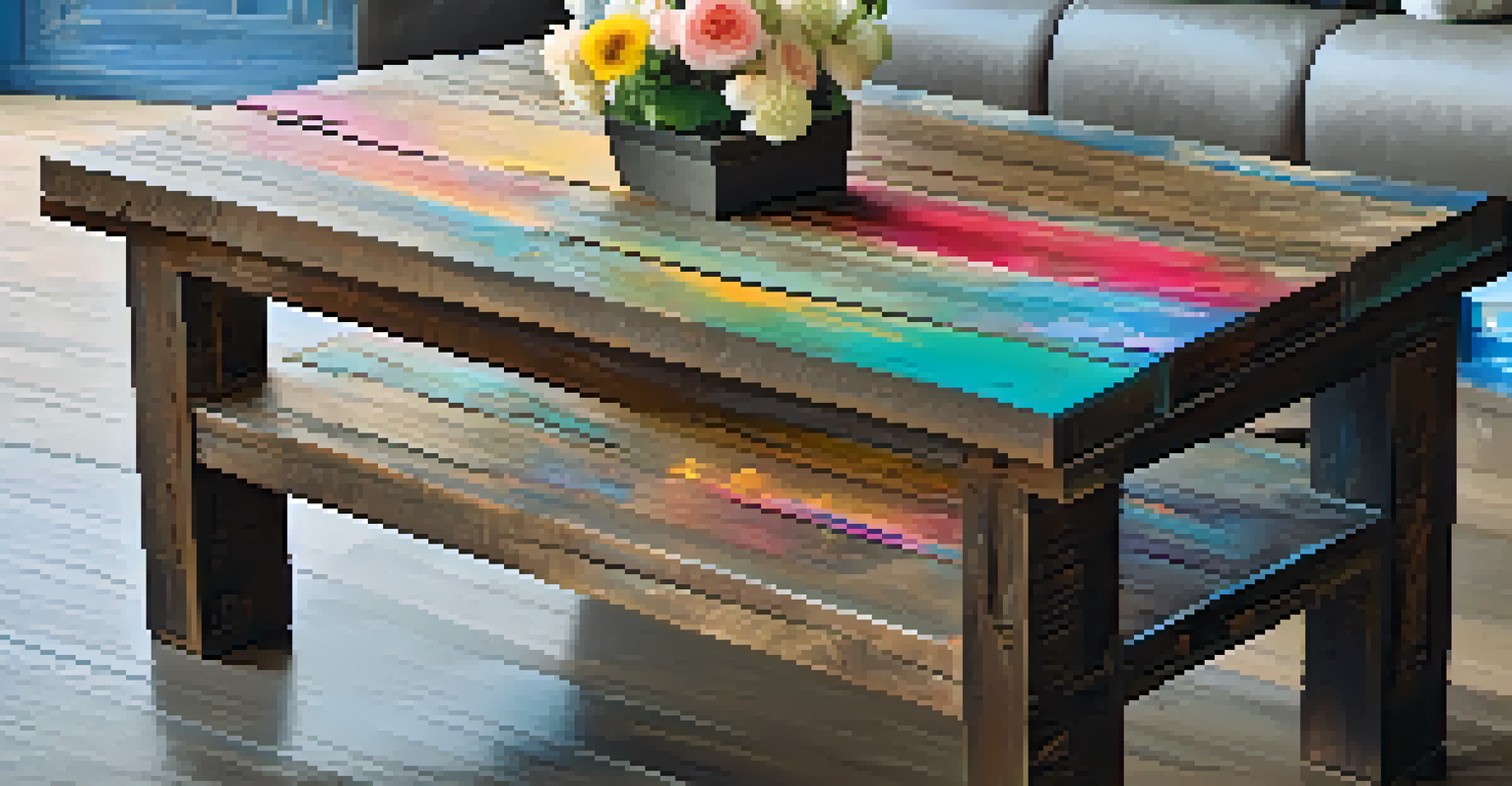 A rustic coffee table made of reclaimed barn wood, decorated with flowers and books, illuminated by soft ambient lighting.
