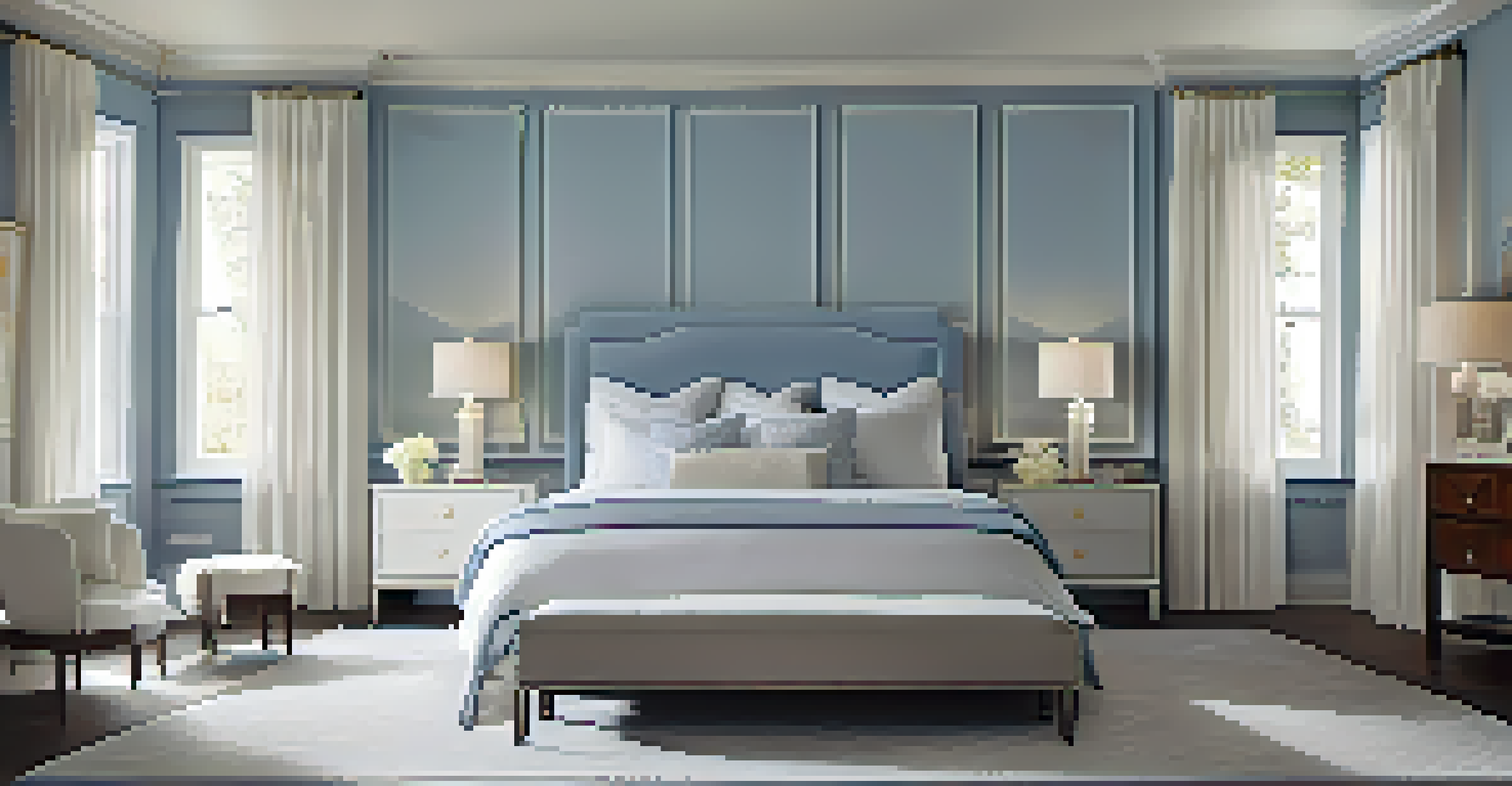 A tranquil bedroom with a soft blue accent wall, elegant molding, and a cozy bed bathed in morning light.