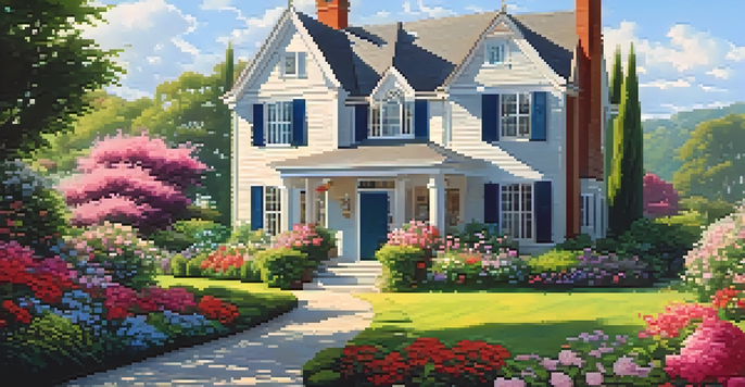 A peaceful rural home with a garden full of flowers under a clear blue sky.