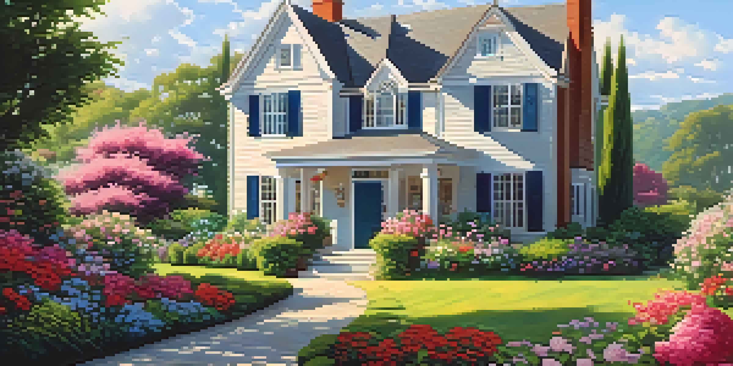 A peaceful rural home with a garden full of flowers under a clear blue sky.