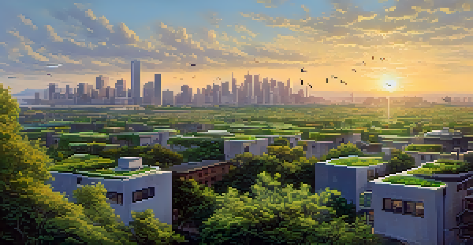 Panoramic city skyline with buildings featuring green roofs, illuminated by the golden glow of the setting sun.