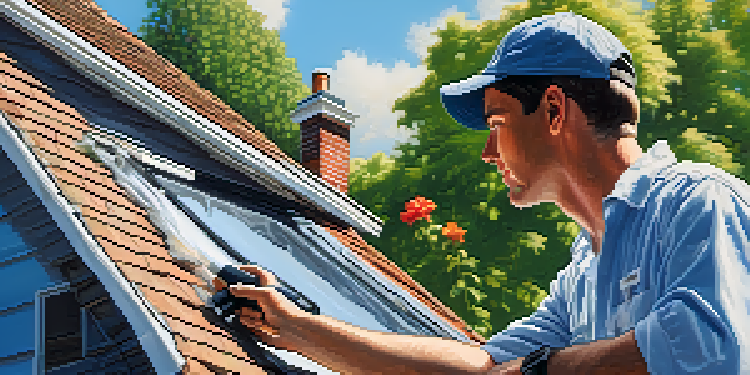 A home inspector checking the roof of a house with a flashlight, surrounded by a colorful garden and a clear blue sky.