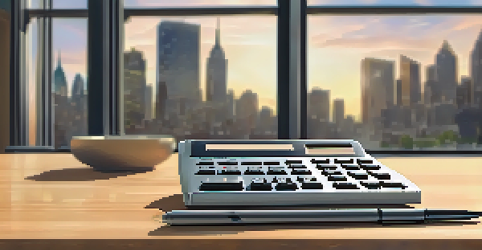 A close-up of a calculator and notepad on a wooden table, with a city skyline in the background.