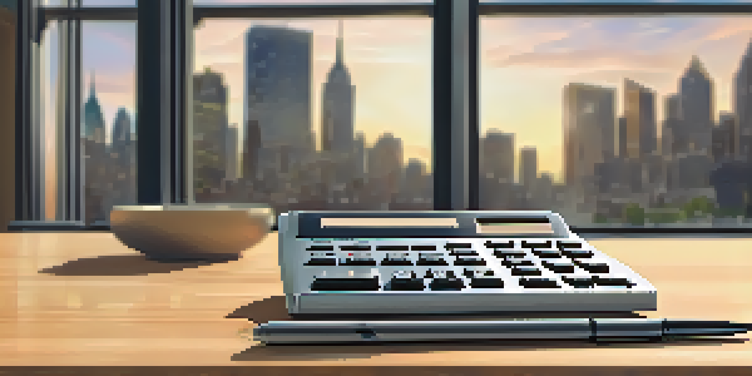 A close-up of a calculator and notepad on a wooden table, with a city skyline in the background.