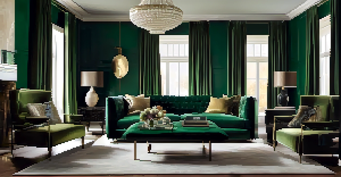 A luxurious living room with a deep emerald green velvet sofa, decorative cushions, silk curtains, and a stylish wool throw.