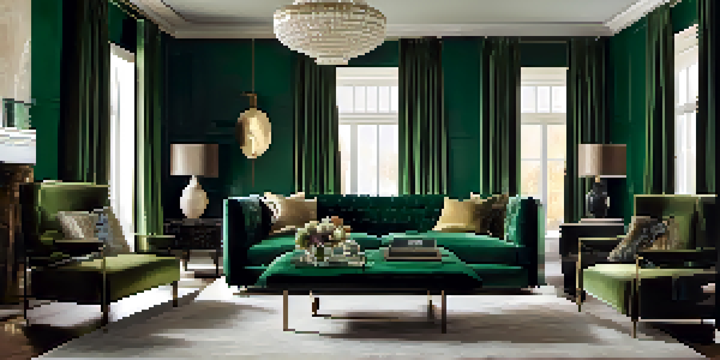 A luxurious living room with a deep emerald green velvet sofa, decorative cushions, silk curtains, and a stylish wool throw.