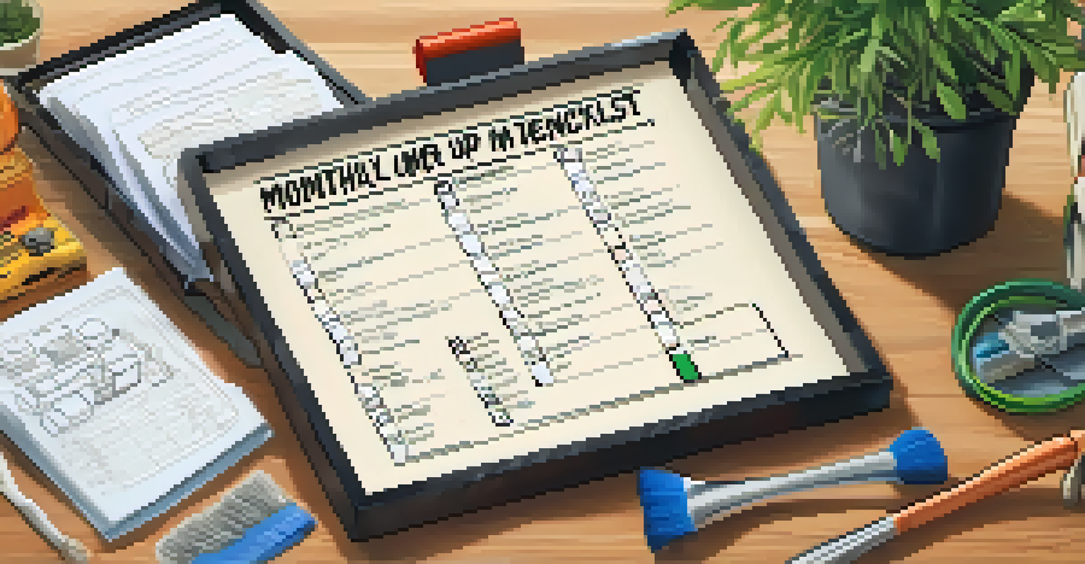 A monthly maintenance checklist surrounded by various home maintenance tools and a plant.