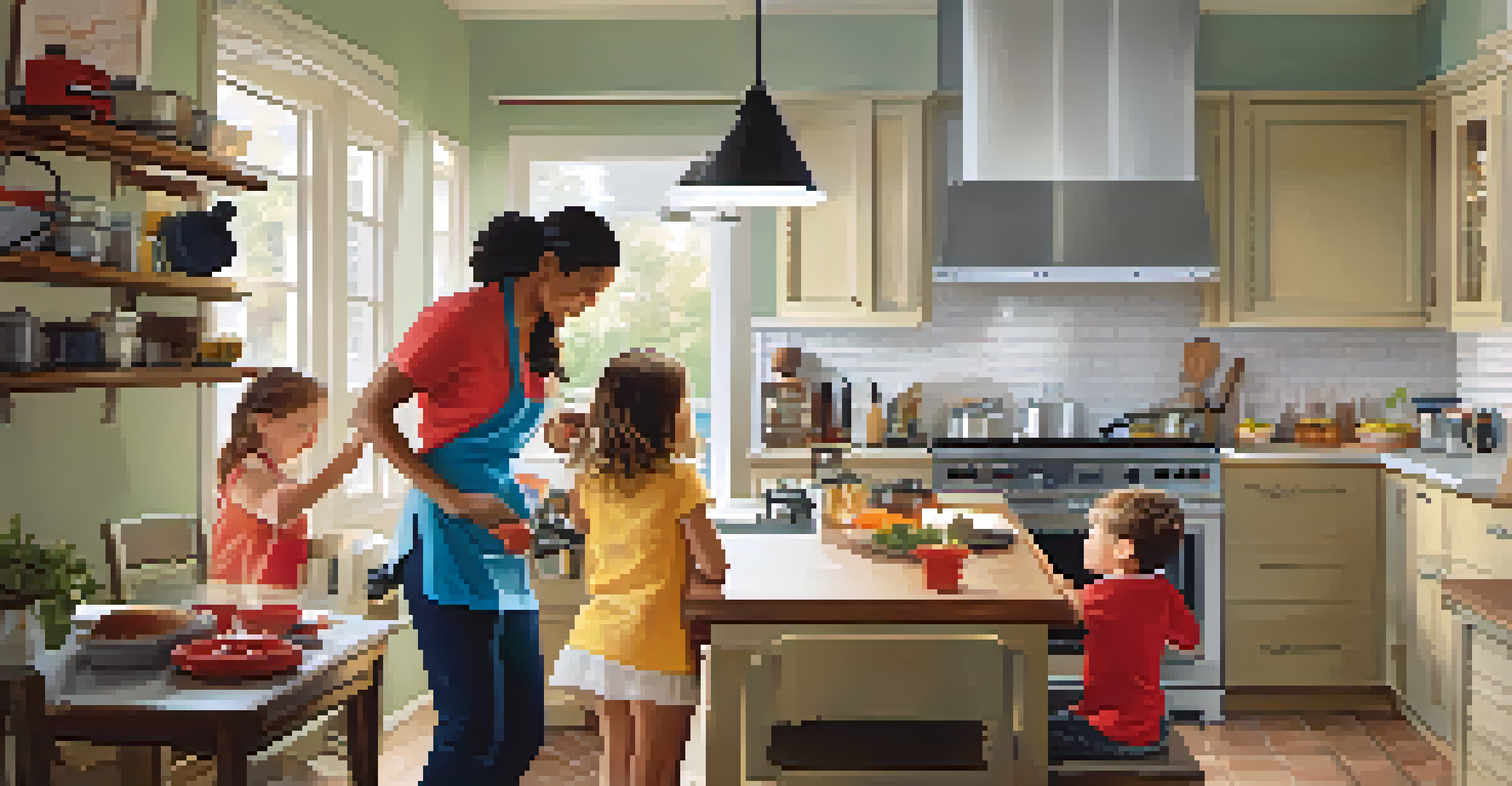 A family cooking in a bright kitchen, practicing safety by keeping flammable items away from the stove and monitoring the pot.