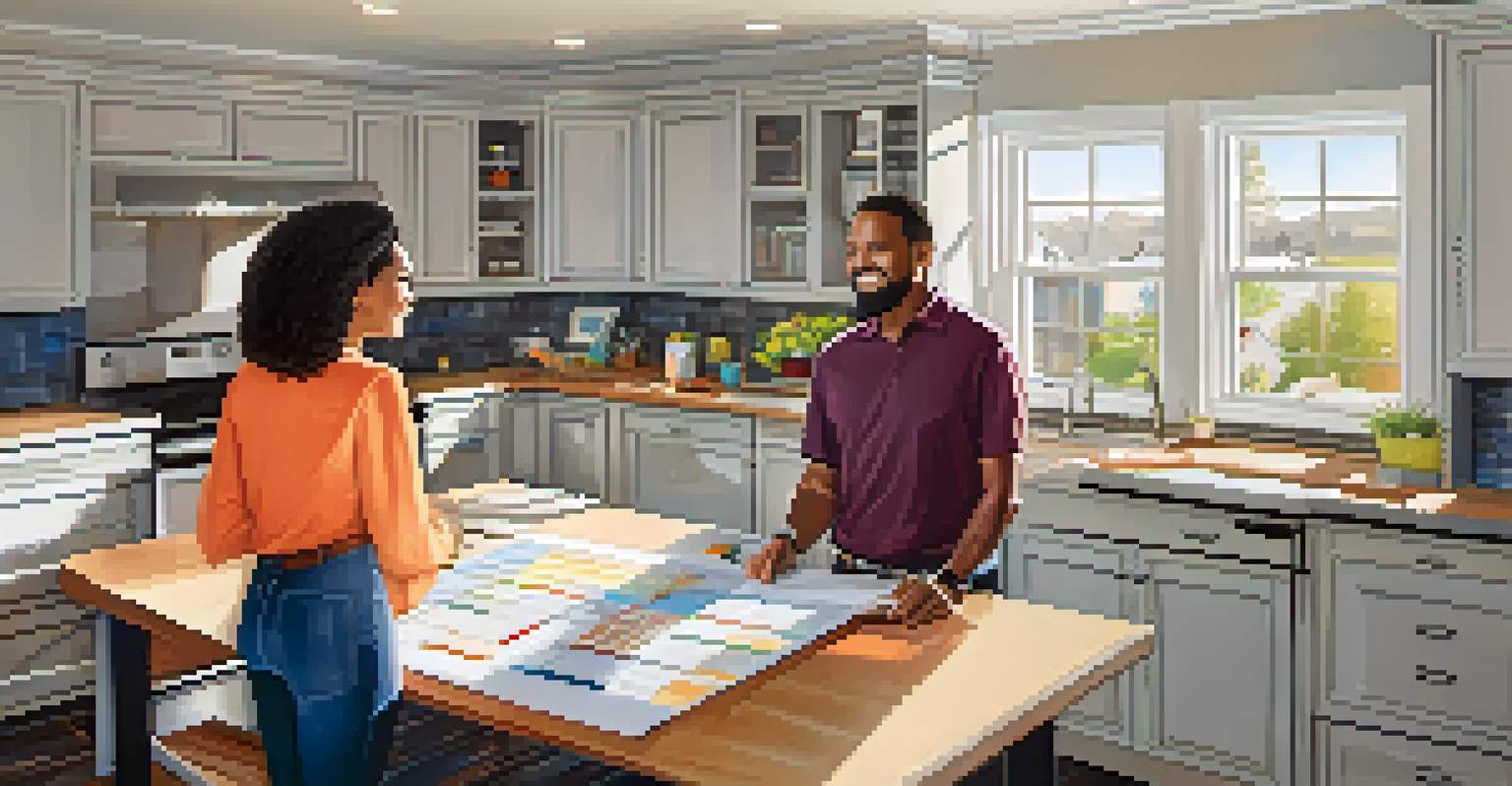 A homeowner and a home inspector discussing renovation plans in a modern kitchen filled with natural light and design samples.