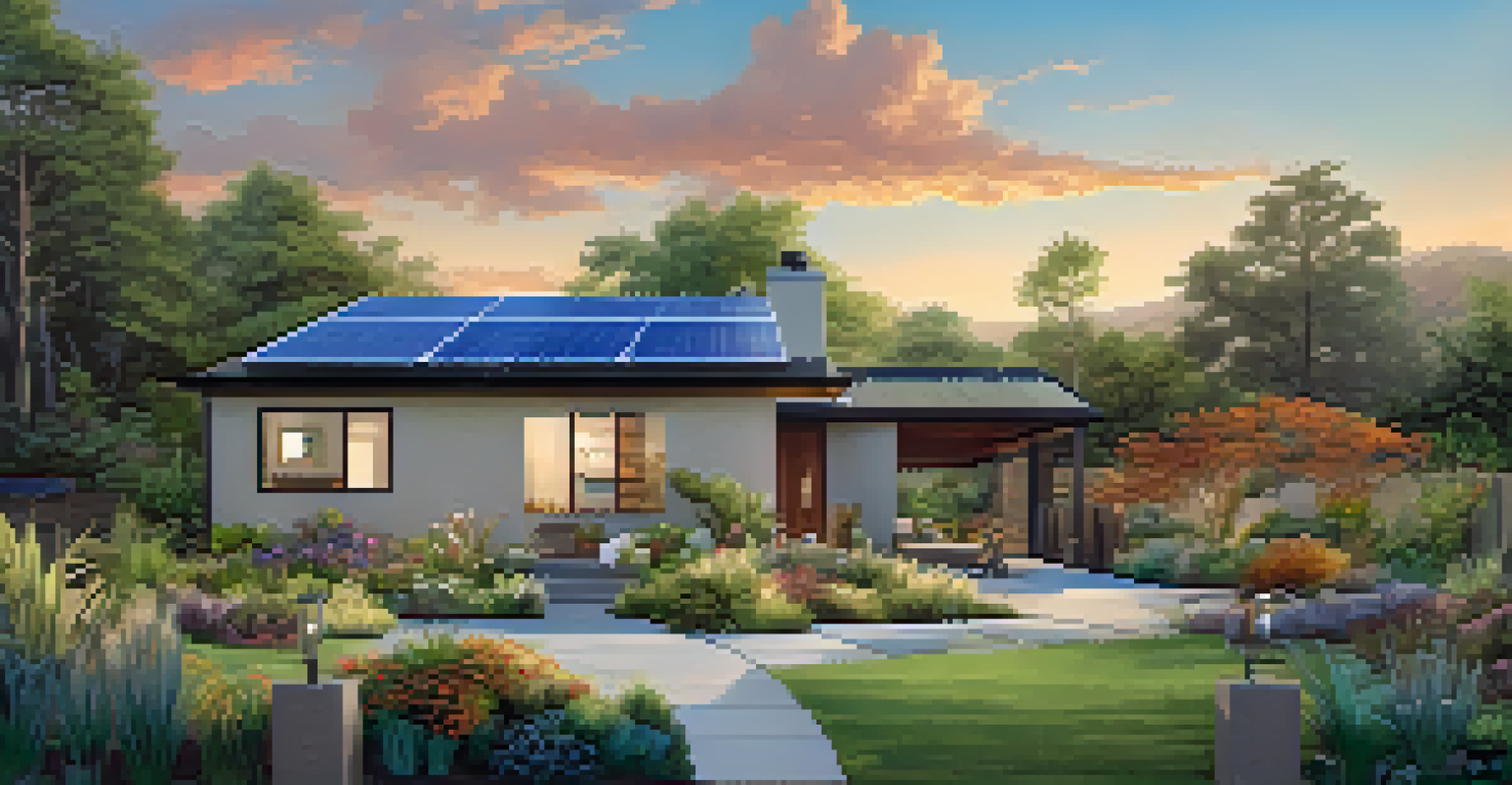 A family gardening in front of a home with solar panels and a vibrant native plant garden, set against a clear blue sky.