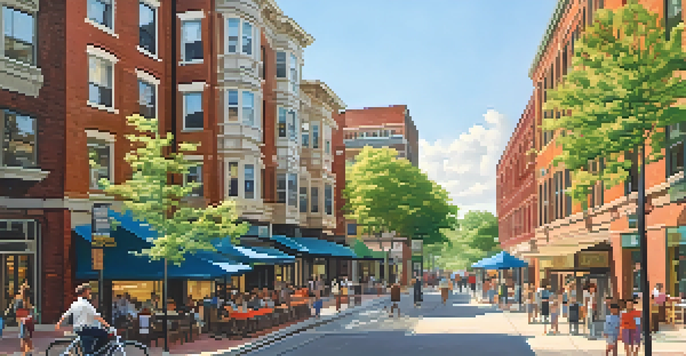 A lively urban neighborhood with various housing types and people enjoying the outdoors.