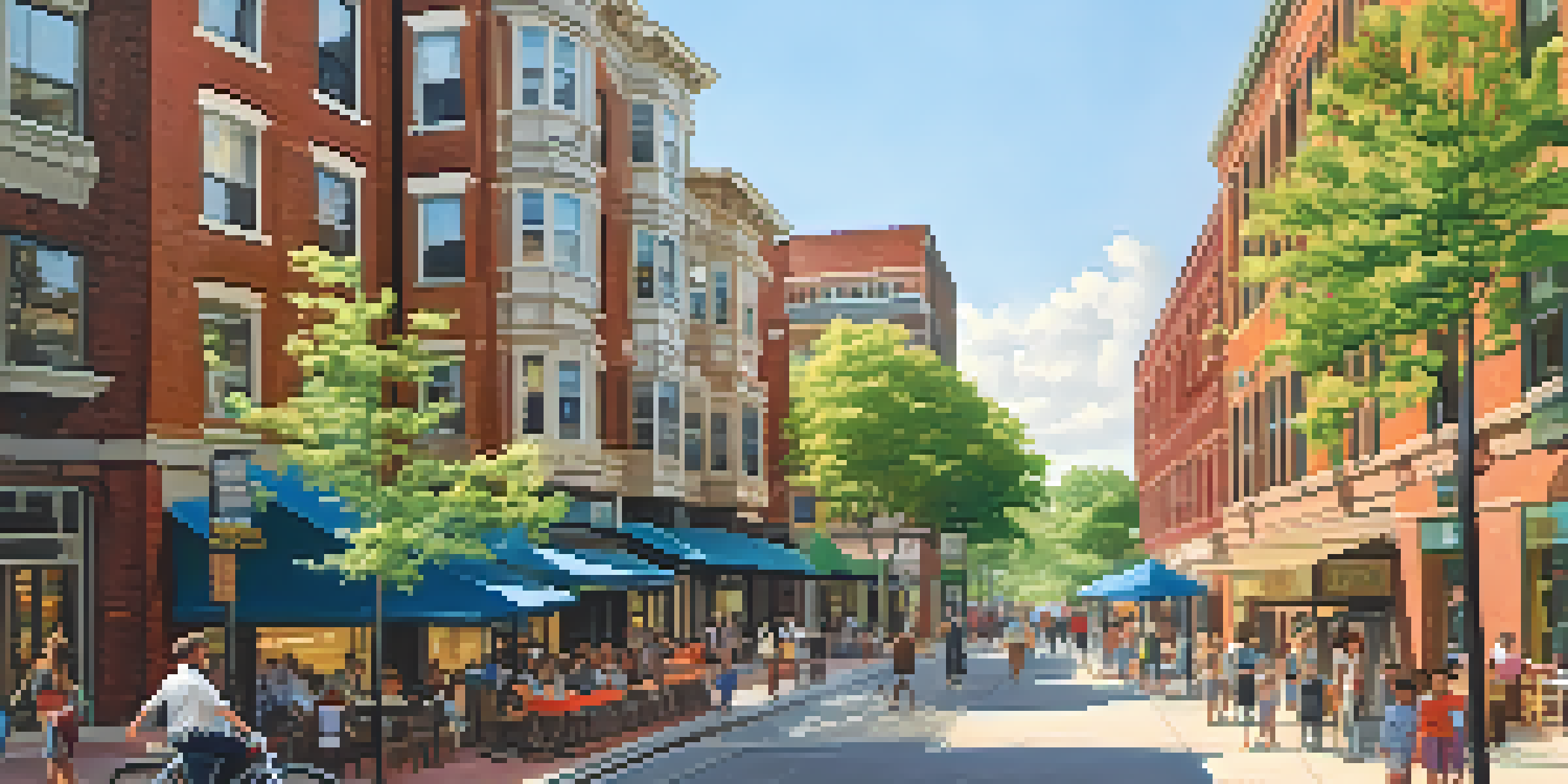 A lively urban neighborhood with various housing types and people enjoying the outdoors.