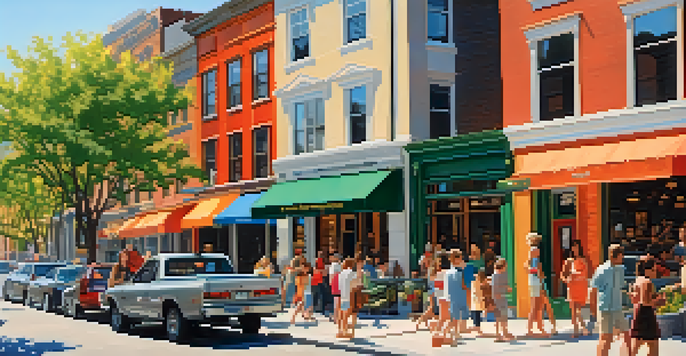 A lively urban street filled with different types of rental properties and people enjoying the summer atmosphere.