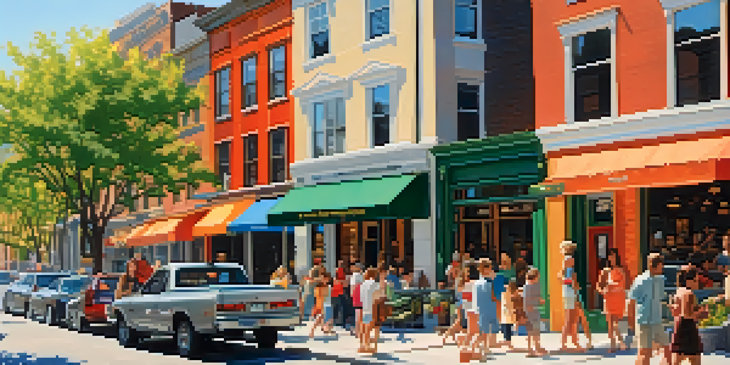 A lively urban street filled with different types of rental properties and people enjoying the summer atmosphere.