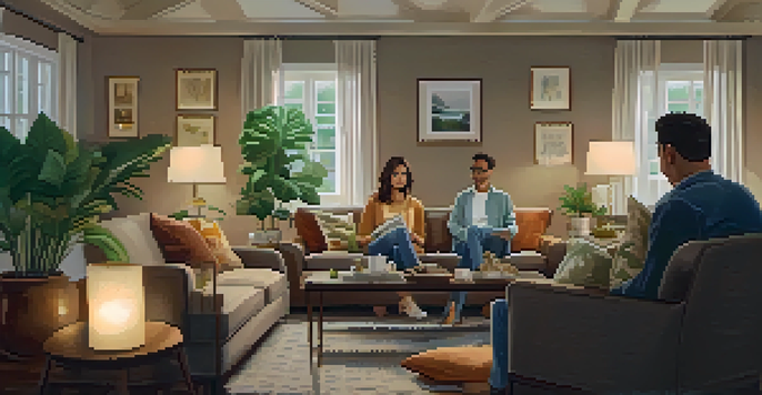 A warm and inviting living room where a family is discussing financial matters around a coffee table, with soft lighting and cozy decor.