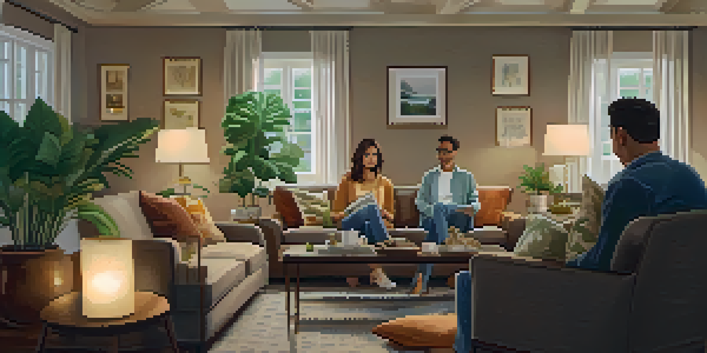 A warm and inviting living room where a family is discussing financial matters around a coffee table, with soft lighting and cozy decor.