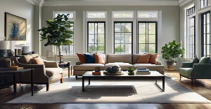 A bright and tidy living room with large windows, clean furniture arrangement, and decorative plants.