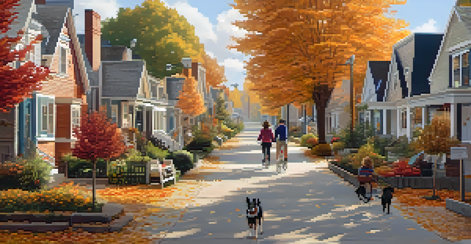 A picturesque neighborhood street with houses, shops, and autumn foliage, depicting community life.