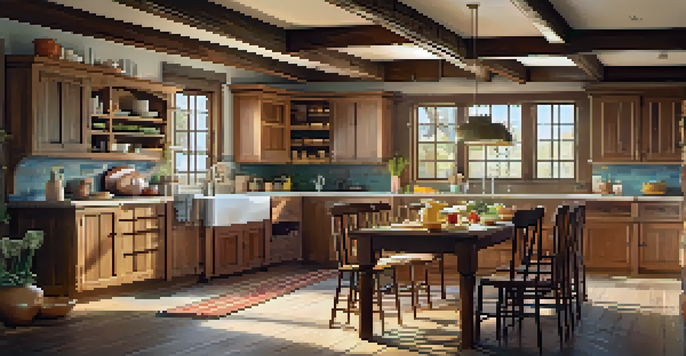A warm, vintage kitchen with a wooden table set for a family meal and sunlight streaming through a window.