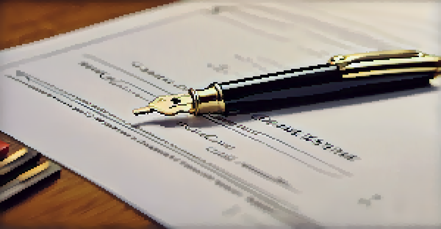 A close-up of a real estate contract with a pen and a house key on a wooden table.