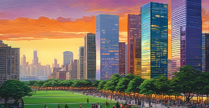 A city skyline during sunset with modern buildings and busy streets filled with people.