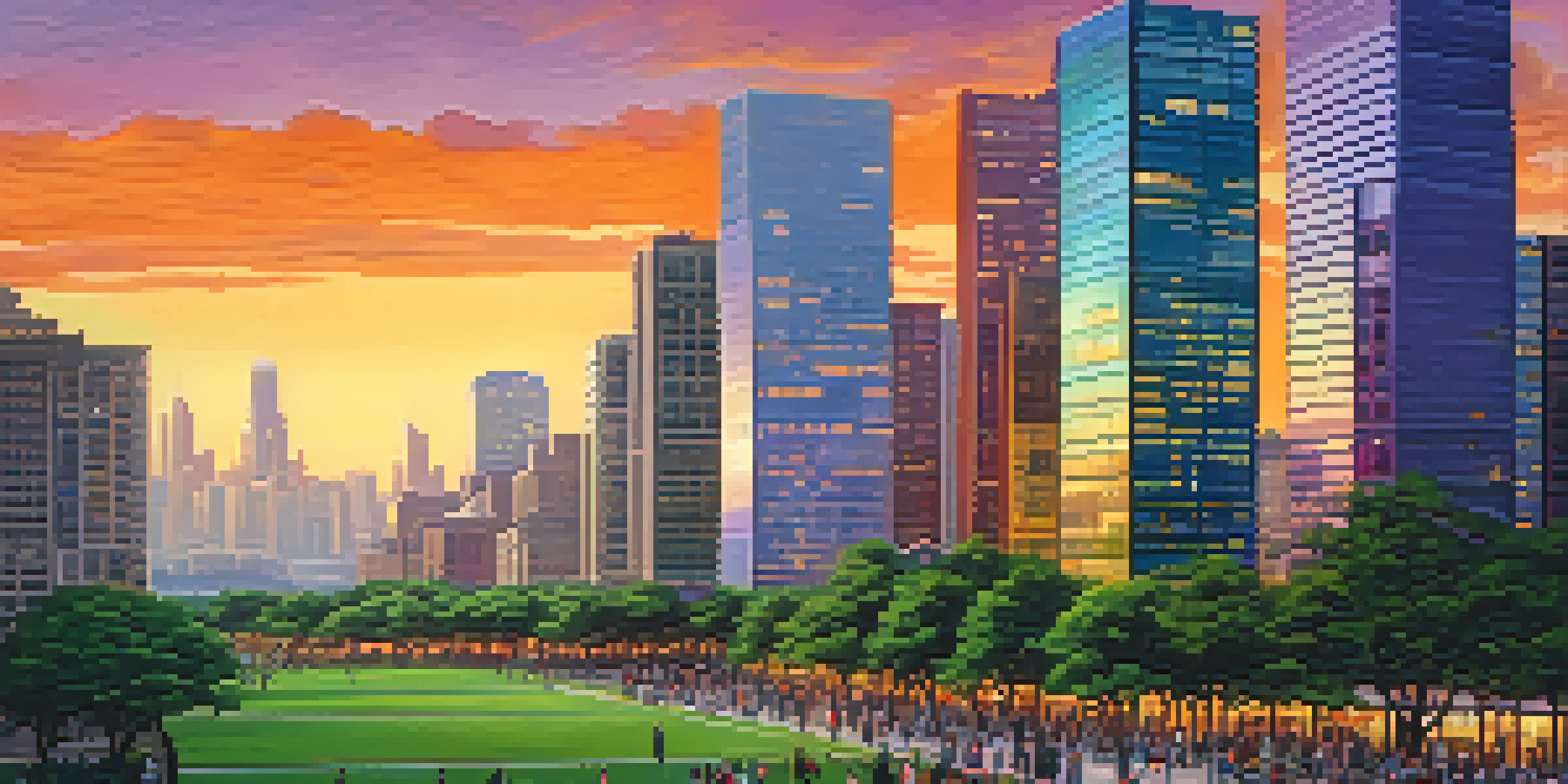 A city skyline during sunset with modern buildings and busy streets filled with people.