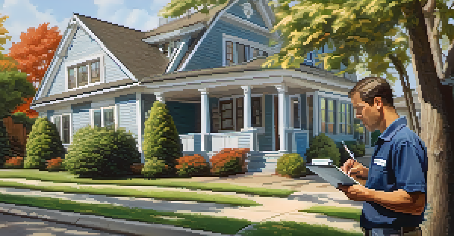 A professional appraiser inspecting a property while taking notes on its condition and landscaping.