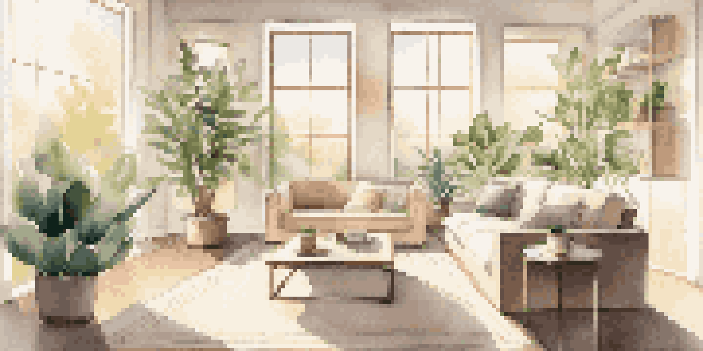 A bright and cozy living room with modern furniture and indoor plants, illuminated by natural sunlight.