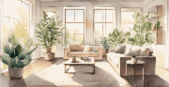 A bright and cozy living room with modern furniture and indoor plants, illuminated by natural sunlight.