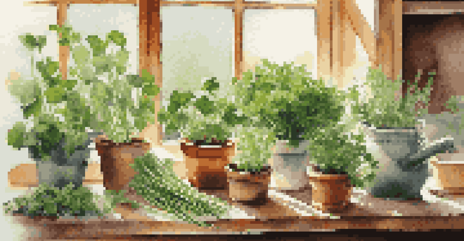 A bright and cheerful windowsill garden with small pots of fresh herbs like basil and mint, illuminated by sunlight.