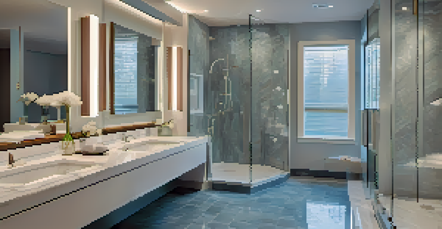 A luxurious bathroom equipped with modern technology like a smart shower and heated floors, featuring a smart mirror and calming blue and white decor.