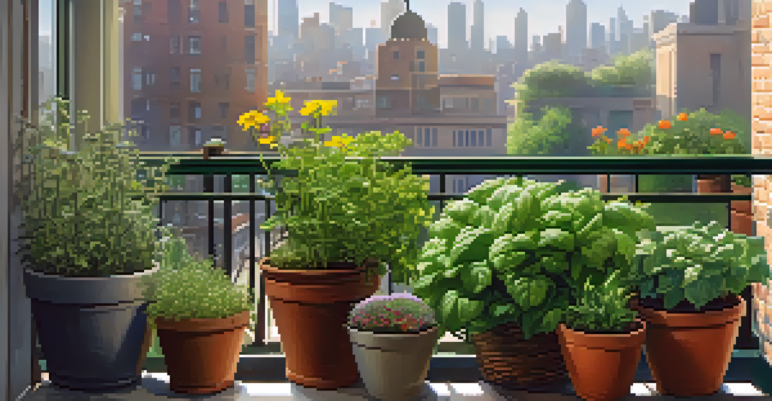 A balcony garden with pots of herbs and vegetables set against a city skyline, illuminated by morning light.