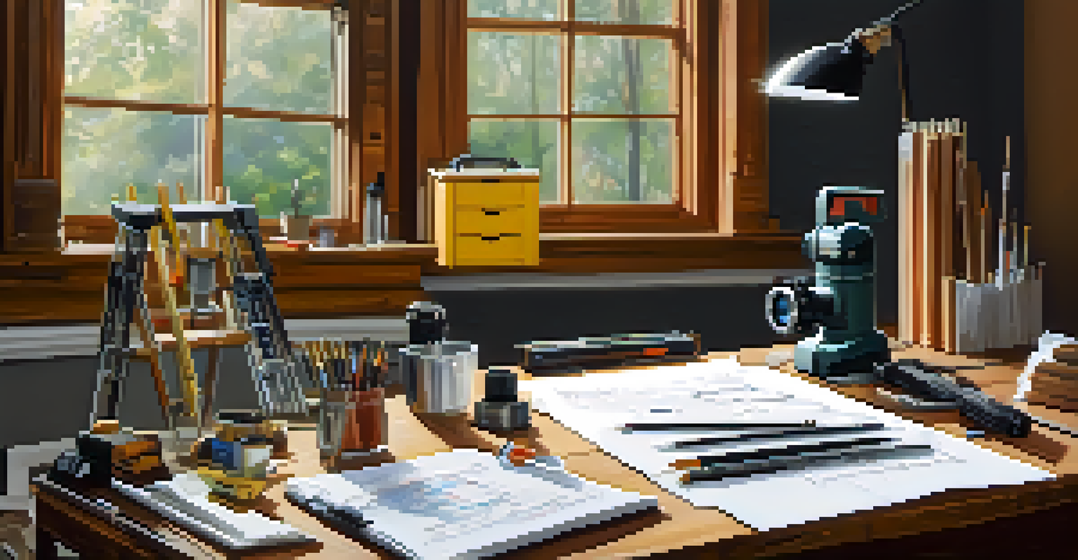 A table displaying various home inspection tools such as a thermal camera and moisture meter, with a notepad in a warm home setting.