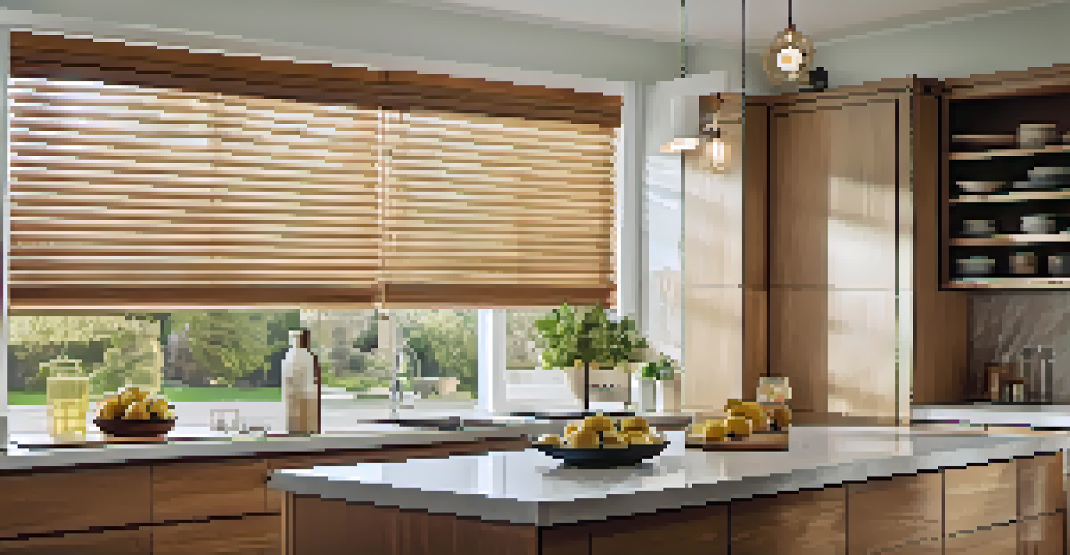 A close-up of cellular automated blinds in a sunny kitchen, allowing filtered sunlight to create a bright atmosphere.