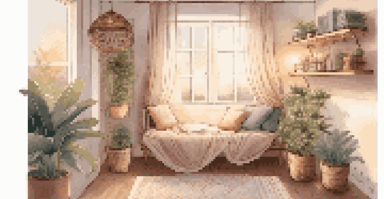 An intimate reading nook with a soft rug, woven baskets, fairy lights, and a small indoor plant, showcasing a soothing pastel color palette.