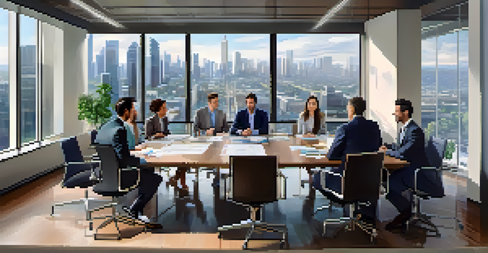 A group of investors discussing real estate syndication in a bright conference room with city views.