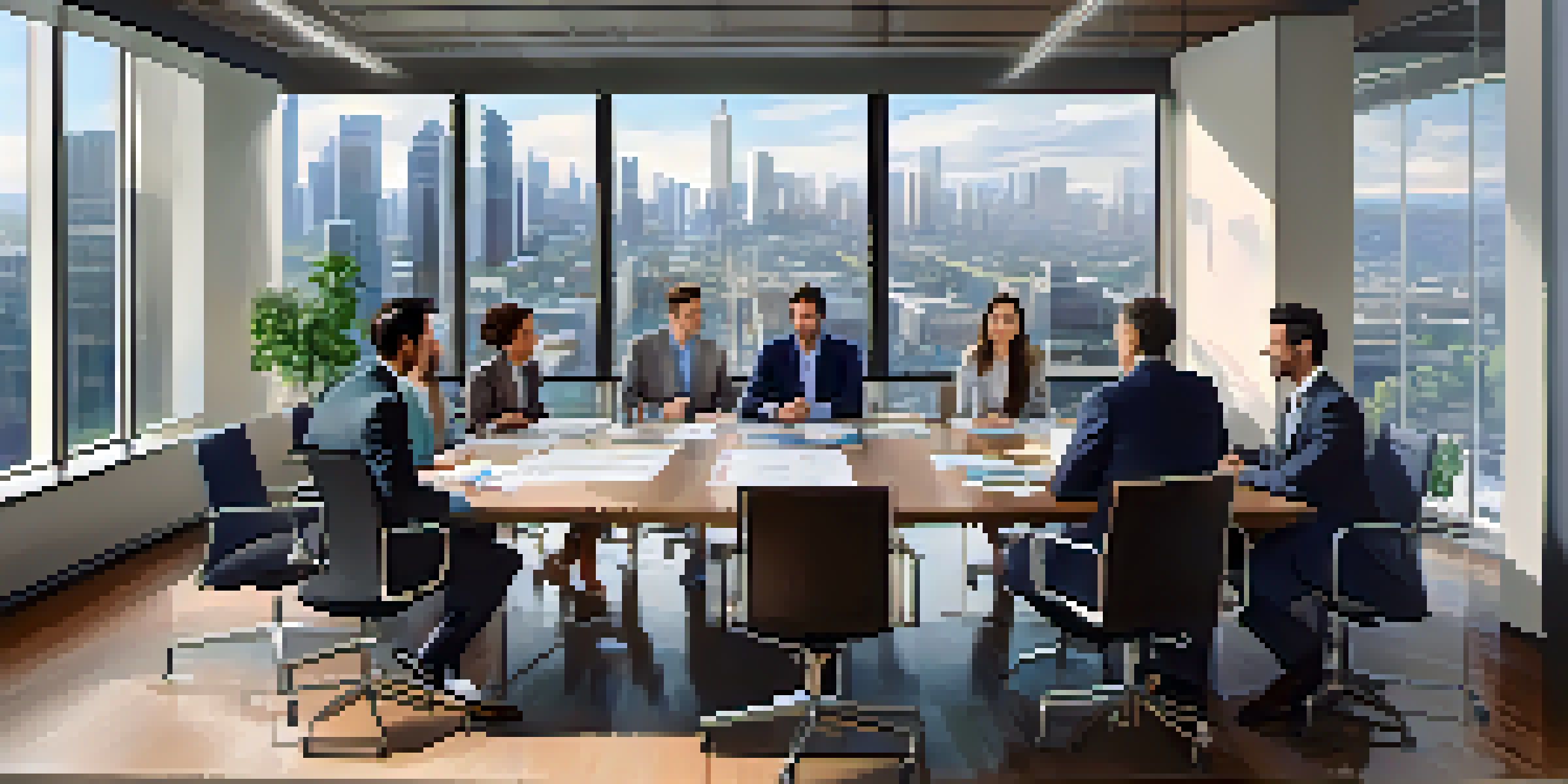 A group of investors discussing real estate syndication in a bright conference room with city views.