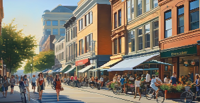 A lively urban street with diverse architecture, people walking and cycling, and outdoor cafes under warm sunlight.