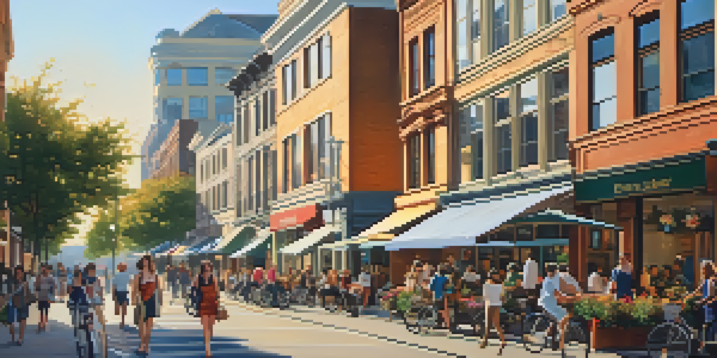 A lively urban street with diverse architecture, people walking and cycling, and outdoor cafes under warm sunlight.