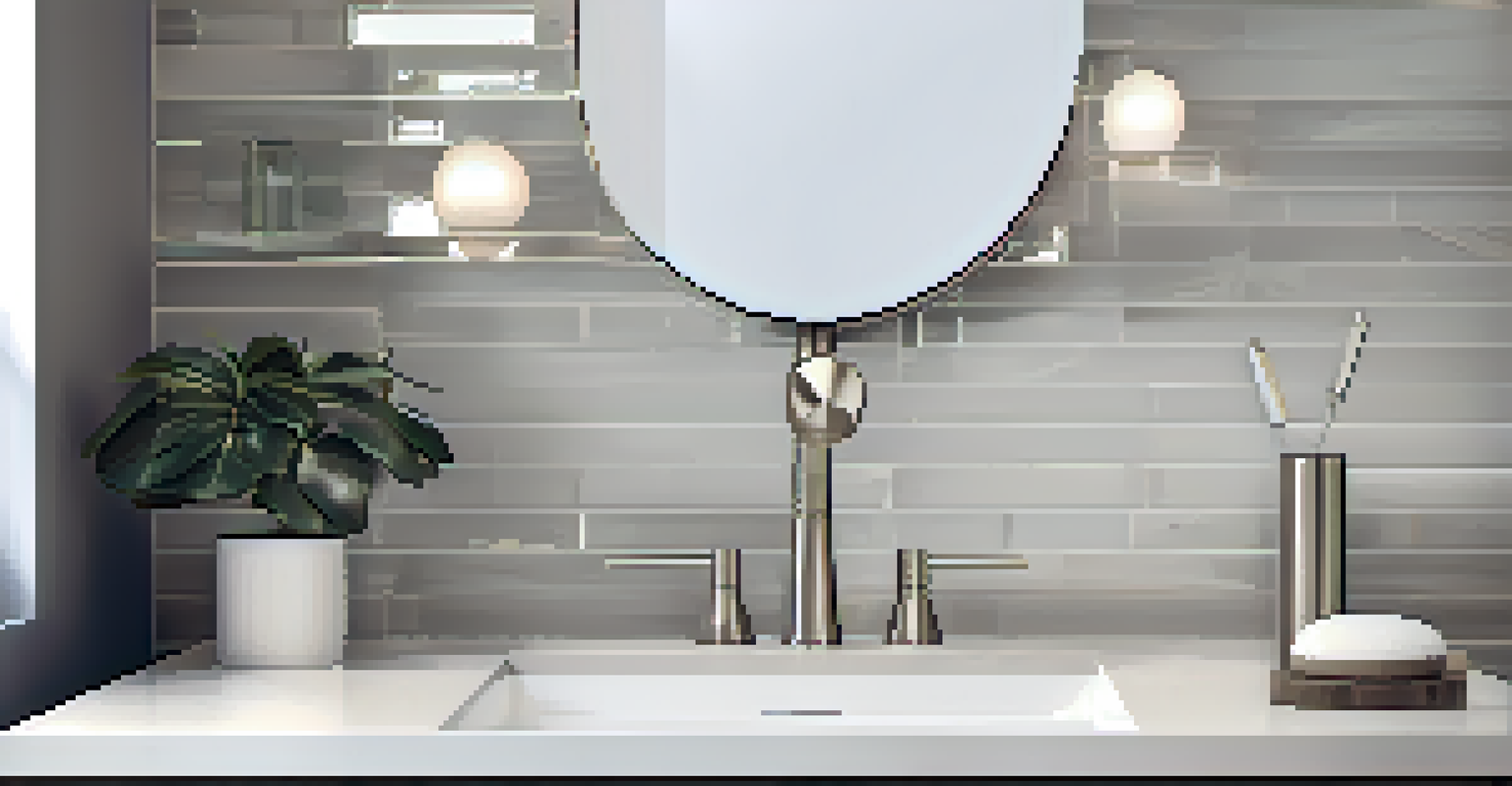 A close-up of modern bathroom fixtures including a brushed nickel faucet and stylish accessories on a vanity.