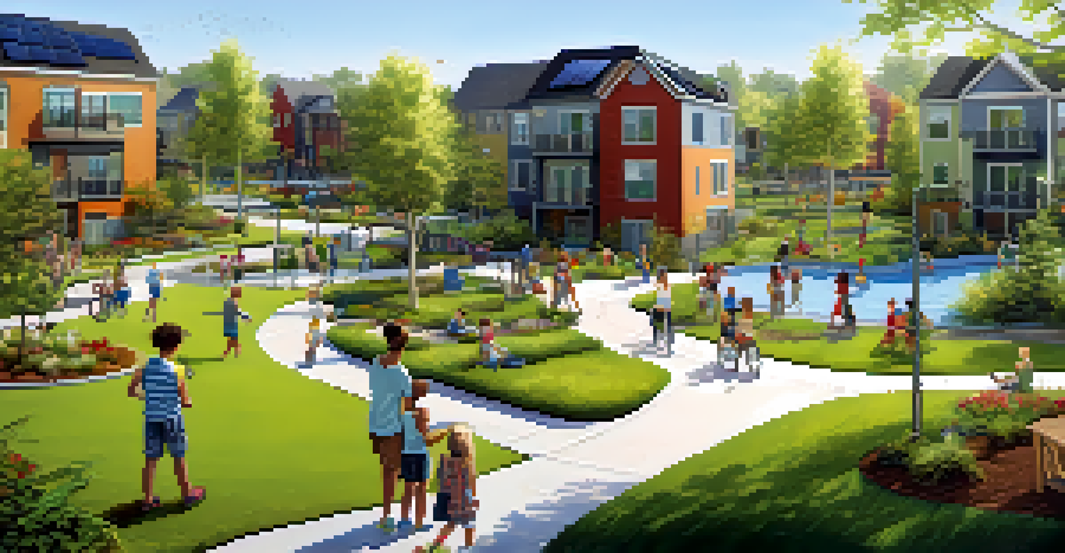 A lively community park with families playing, surrounded by energy-efficient homes and greenery.