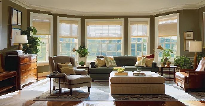 A home inspector checks the ceiling in a cozy living room, with a couple observing. Sunlight shines through large windows, illuminating the space.